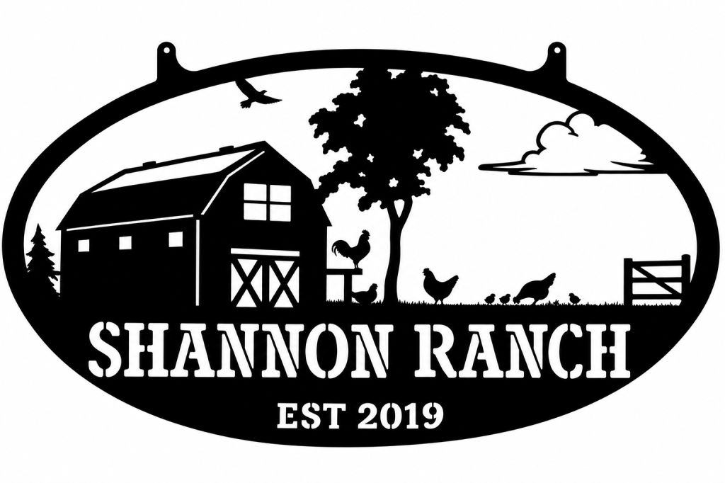 Shannon Ranch barn and chickens logo, established 2019