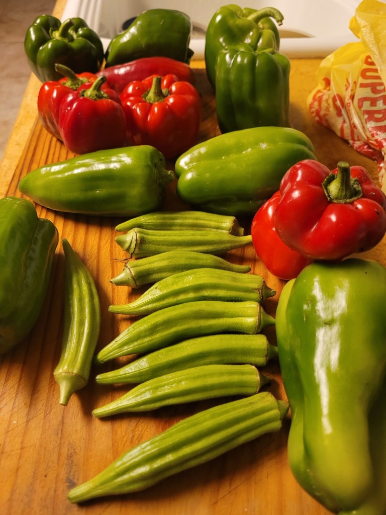 Fresh red and green peppers and okra grown at Shannon Ranch